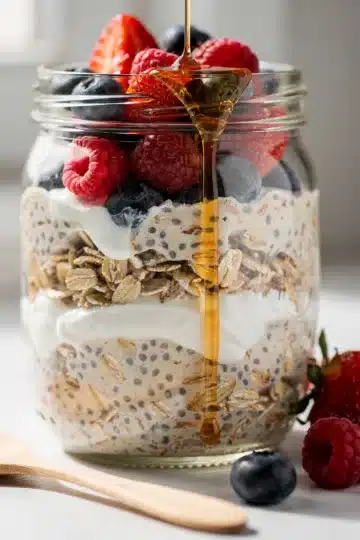 Easy High Protein Overnight Oats 14 High protein overnight oats with blueberries and almonds in glass jar