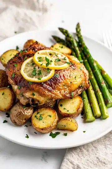 Sheet Pan Lemon Garlic Chicken 11 Juicy lemon garlic chicken with crispy potatoes and asparagus on sheet pan