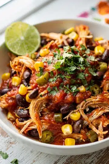 Slow Cooker Salsa Chicken 11 Creamy salsa chicken with black beans in a slow cooker meal.