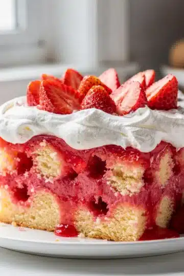 Easy Strawberry Jello Poke Cake 9 Easy strawberry jello poke cake with whipped cream and fresh strawberry garnish