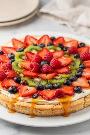 Old Fashioned Sugar Cookie Fruit Pizza 11 Colorful fruit pizza dessert with sugar cookie crust and creamy frosting.