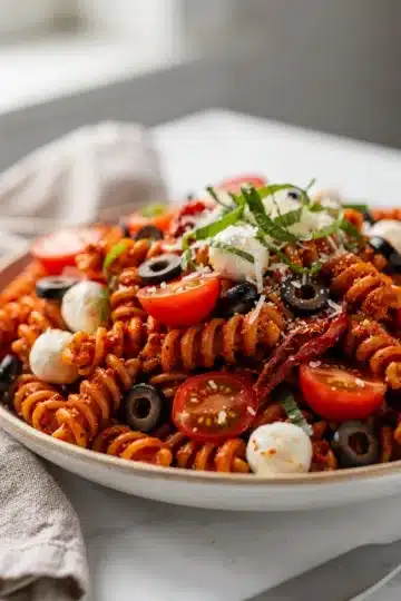 Sun Dried Tomato Pesto Pasta Salad 14 Sun dried tomato pesto pasta salad with mozzarella olives and fresh basil