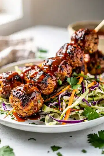 BBQ Turkey Meatball Skewers 14 Grilled turkey meatball skewers with sticky sweet barbecue glaze on white plate.