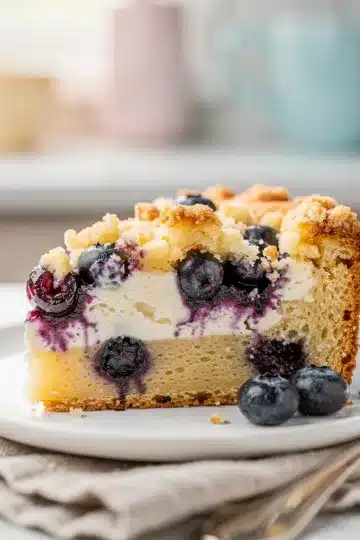 Blueberry Cream Cheese Coffee Cake 14 Blueberry cream cheese coffee cake slice on rustic board