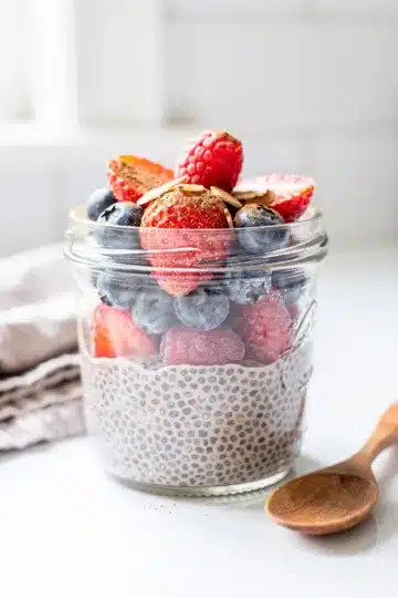High Protein Chia Seed Pudding 9 Creamy vanilla chia seed pudding topped with fresh berries and almond butter.
