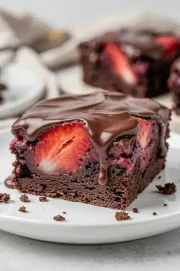 Chocolate Covered Strawberry Brownies 11 Rich chocolate strawberry brownie with glossy ganache and berries.