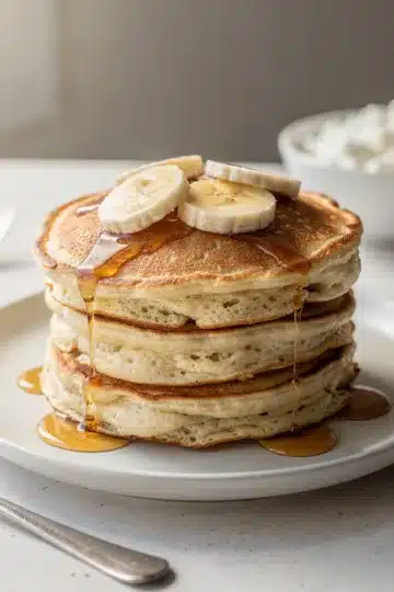 Cottage Cheese Banana Pancakes 11 Fluffy cottage cheese banana pancakes with fresh fruit and maple syrup.