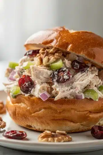Cranberry Walnut Chicken Salad on Brioche 14 Creamy cranberry walnut chicken salad sandwich on toasted brioche bun.