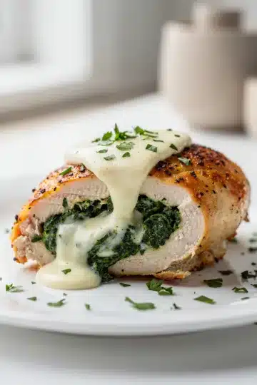 Creamy Spinach Stuffed Chicken Breast 12 Creamy spinach stuffed chicken breast sliced open on a rustic wooden board.