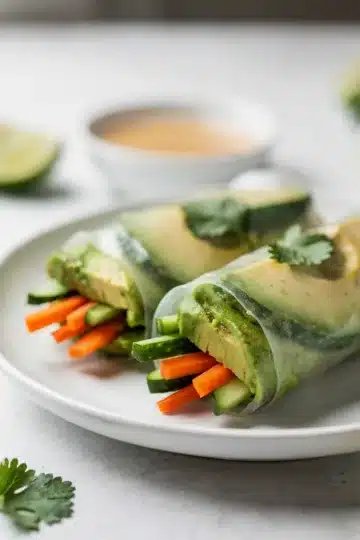 Cucumber Avocado Summer Rolls 3 Fresh cucumber avocado summer roll with peanut sauce on a white plate.