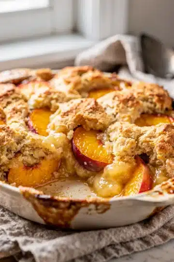 Easy Peach Cobbler with Fresh Peaches 12 Golden brown peach cobbler with glossy syrupy peach filling