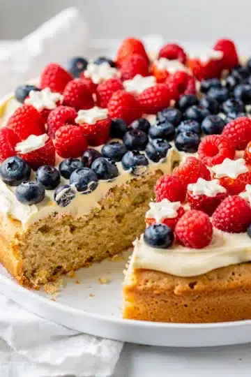 Fourth of July Sugar Cookie Cake 12 Patriotic Fourth of July sugar cookie cake with berries.