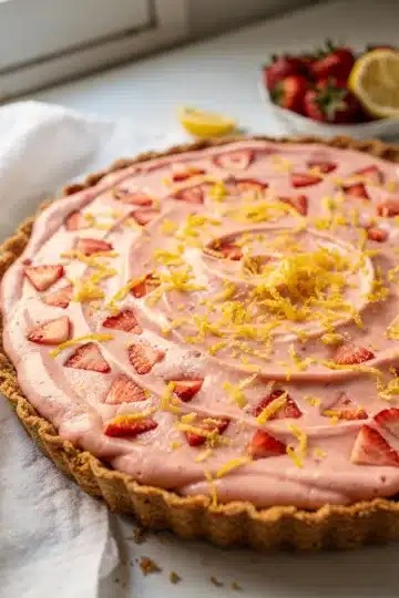 Frozen Strawberry Lemonade Pie 11 Frozen strawberry lemonade pie slice with creamy filling and fresh fruit garnish.