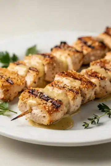 Garlic Parmesan Grilled Chicken Skewers 11 Golden brown garlic parmesan grilled chicken skewers on a rustic wooden board.