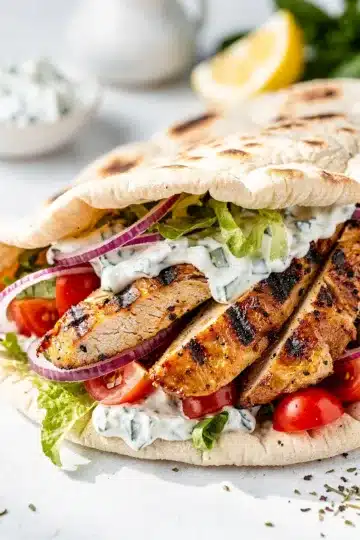 Gyro-Style Grilled Chicken Pita Wrap 25 Juicy grilled chicken pita wrap with tzatziki sauce and fresh vegetables.