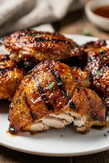 Honey Garlic BBQ Grilled Chicken Thighs 14 Honey garlic BBQ grilled chicken thighs with glossy glaze on rustic board