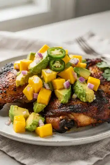 Jerk Chicken with Mango Avocado Salsa 12 Jerk chicken topped with fresh mango avocado salsa on white plate