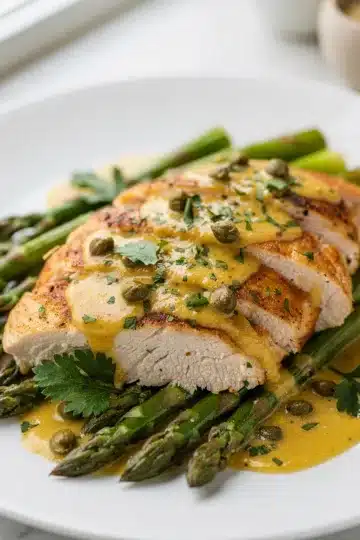 One Pan Lemon Asparagus Chicken Piccata 4 Lemon chicken piccata with asparagus and capers on a rustic white plate