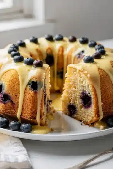 Lemon Blueberry Bundt Cake 13 Golden lemon blueberry bundt cake with glossy lemon glaze dripping.