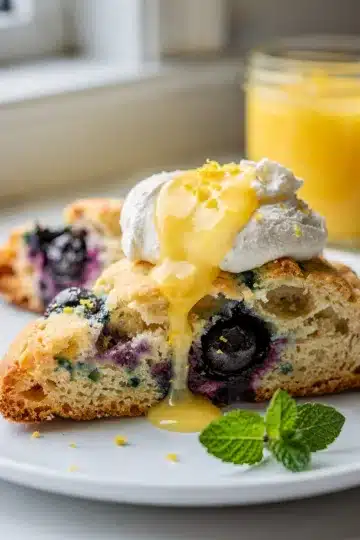 Lemon Blueberry Buttermilk Scones 11 Lemon blueberry buttermilk scones with glossy white glaze drizzle.