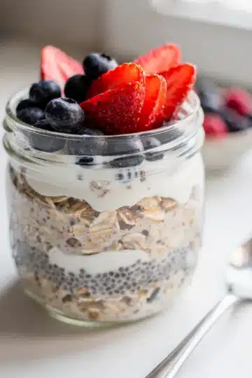 Low Calorie Protein Overnight Oats 12 Low calorie protein overnight oats in a glass jar with blueberries and chia seeds