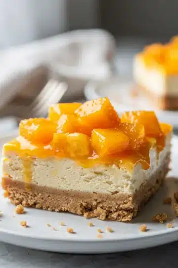 No Bake Peach Cheesecake Bars 12 No bake peach cheesecake bars with graham cracker crust and fresh mint garnish