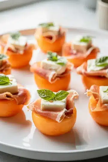 Prosciutto Melon Bites 11 Prosciutto melon bites with creamy mozzarella on a rustic wooden board.