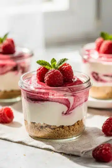 No Bake Raspberry White Chocolate Cheesecake Cups 11 Creamy raspberry white chocolate cheesecake cups in close up