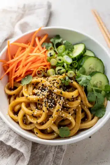Sesame Ginger Cold Udon Noodle Bowl 11 Sesame ginger cold udon noodle bowl close up food photography