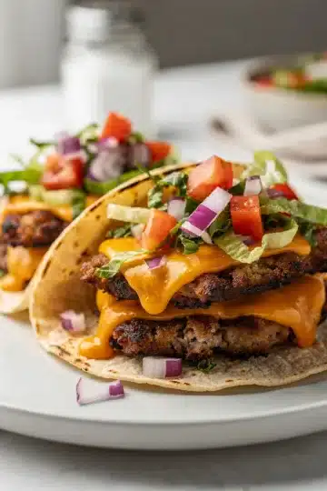 Smash Burger Tacos 12 Crispy smash burger tacos with cheese and fresh toppings on tortillas.