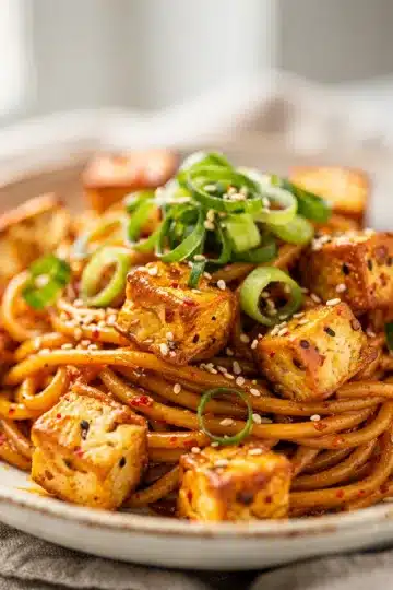Spicy Miso Sesame Noodles with Crispy Tofu 12 Spicy miso sesame noodles with crispy tofu and green onions.