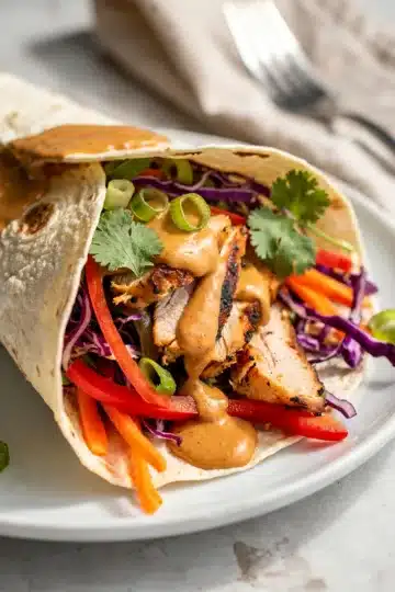 Spicy Thai Peanut Chicken Wrap 8 Spicy Thai peanut chicken wrap with colorful vegetables and creamy peanut sauce