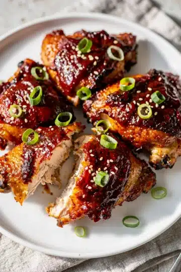 Sticky Korean Gochujang Chicken Thighs 11 Sticky Korean gochujang chicken thighs with green onions and sesame seeds.