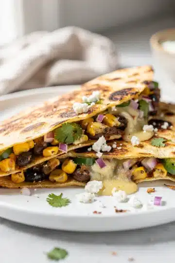 Street Corn Black Bean Quesadillas 7 Street corn black bean quesadilla sliced open revealing melted cheese filling.