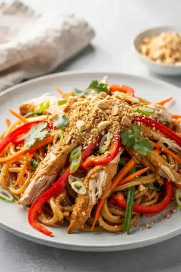 Thai Peanut Chicken Noodle Salad 14 Thai Peanut Chicken Noodle Salad creamy glossy closeup