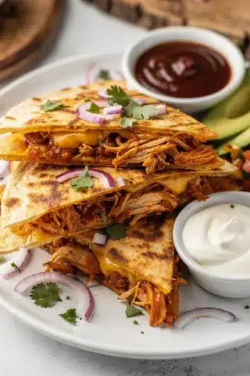 Shredded BBQ Chicken Quesadillas 13 Golden crispy BBQ chicken quesadilla with melted cheddar cheese.