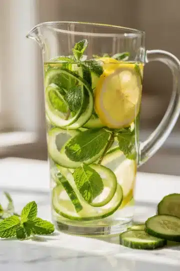 Cucumber Mint Infused Detox Water 11 Cucumber mint detox water in crystal clear pitcher