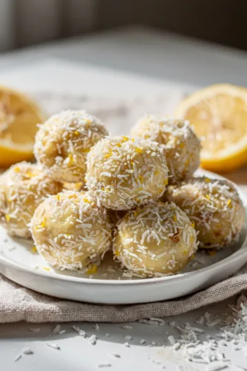Lemon Coconut Bliss Balls 12 Lemon Coconut Bliss Balls on rustic wooden board close up