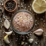 Himalayan pink salt recipe with garlic and lemon zest on kitchen counter