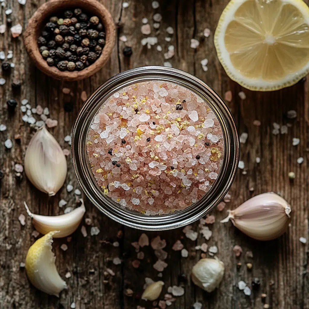 Himalayan pink salt recipe with garlic and lemon zest on kitchen counter