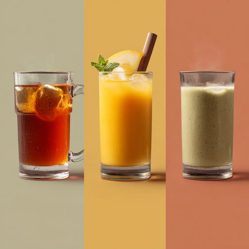 three Japanese Mounjaro drink styles: hot tea, cold elixir, and smoothie