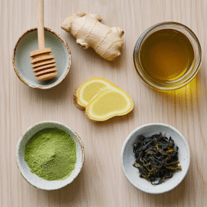 Ingredients for Japanese Mounjaro recipe including matcha and ginger