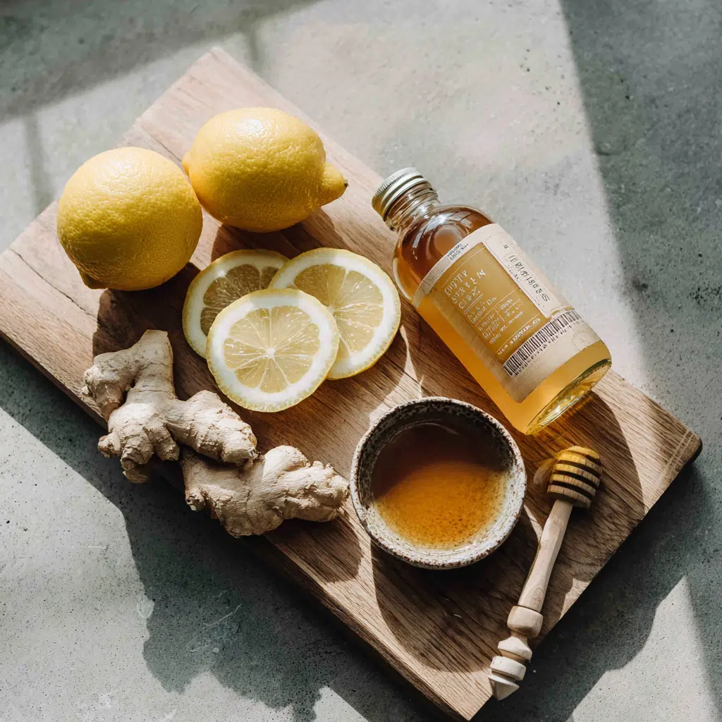 Ingredients for Japanese Mounjaro Recipe For Weight Loss including lemon, ginger, honey, and apple cider vinegar