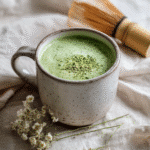 A ceramic mug filled with frothy green matcha, representing the Japanese Mounjaro drink recipe