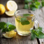 Lemon balm tea recipe for weight loss served in a clear mug with herbs and lemon slices