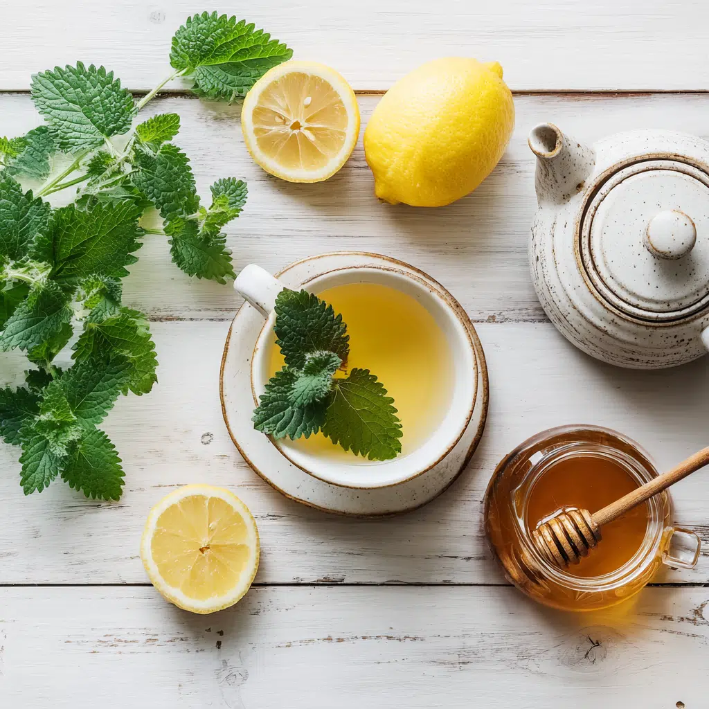 Ingredients for lemon balm tea recipe for weight loss including herbs, lemon, and honey