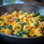 Breakfast scramble seasoned with Himalayan pink salt in a skillet