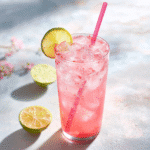 pink salt lime drink on ice with straw and citrus garnish
