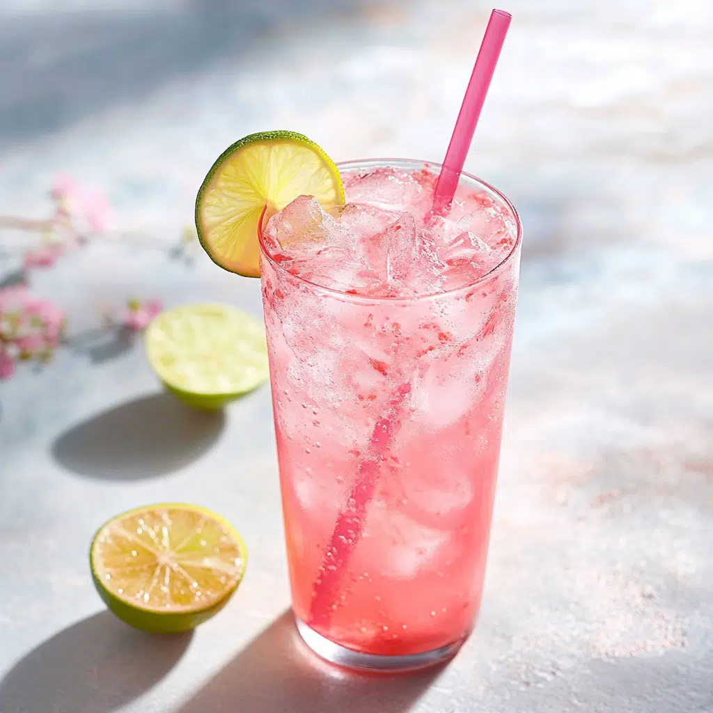 pink salt lime drink on ice with straw and citrus garnish
