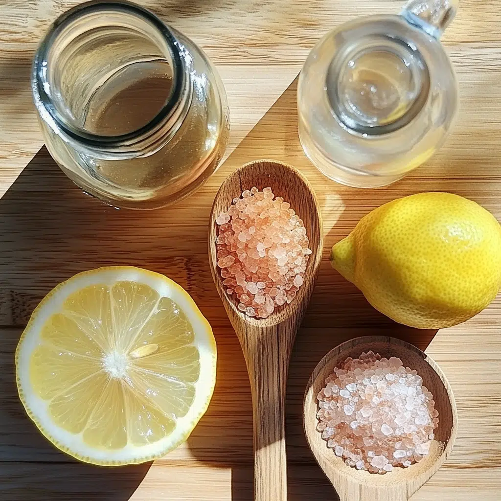 ingredients for pink salt recipe on wood table